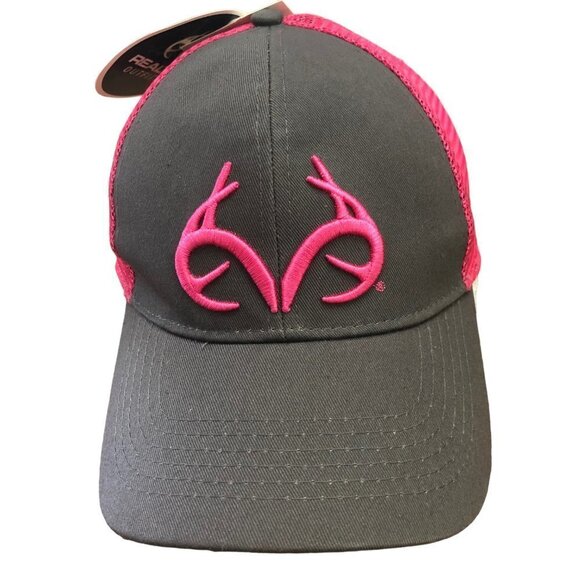 NWT Realtree Women's Truckers Hat Pink and Gray Mesh Snap Back Antler Logo New - Picture 2 of 8